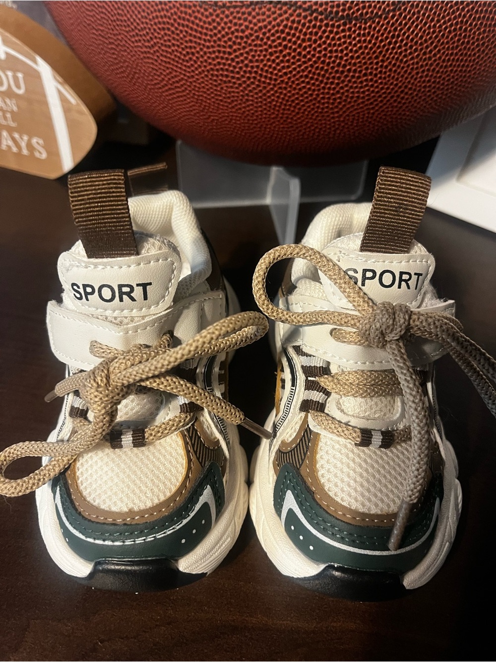 Sporty Toddler White, Brown & Green Athletic Sneakers